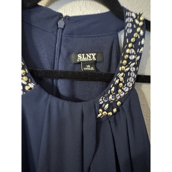 SLNY Evenings 14 Dress Blue Crystal Crew Neck Wedding Cruise Party Event NEW - Picture 7 of 13
